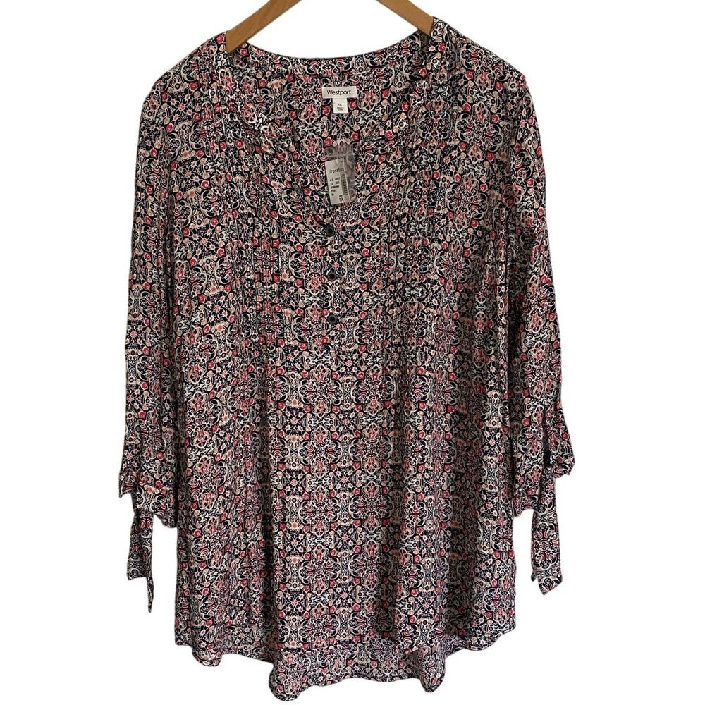 Westport 3/4 Tie Sleeve Blouse Women’s Plus Size 1X Floral Boho Flowy Colorful